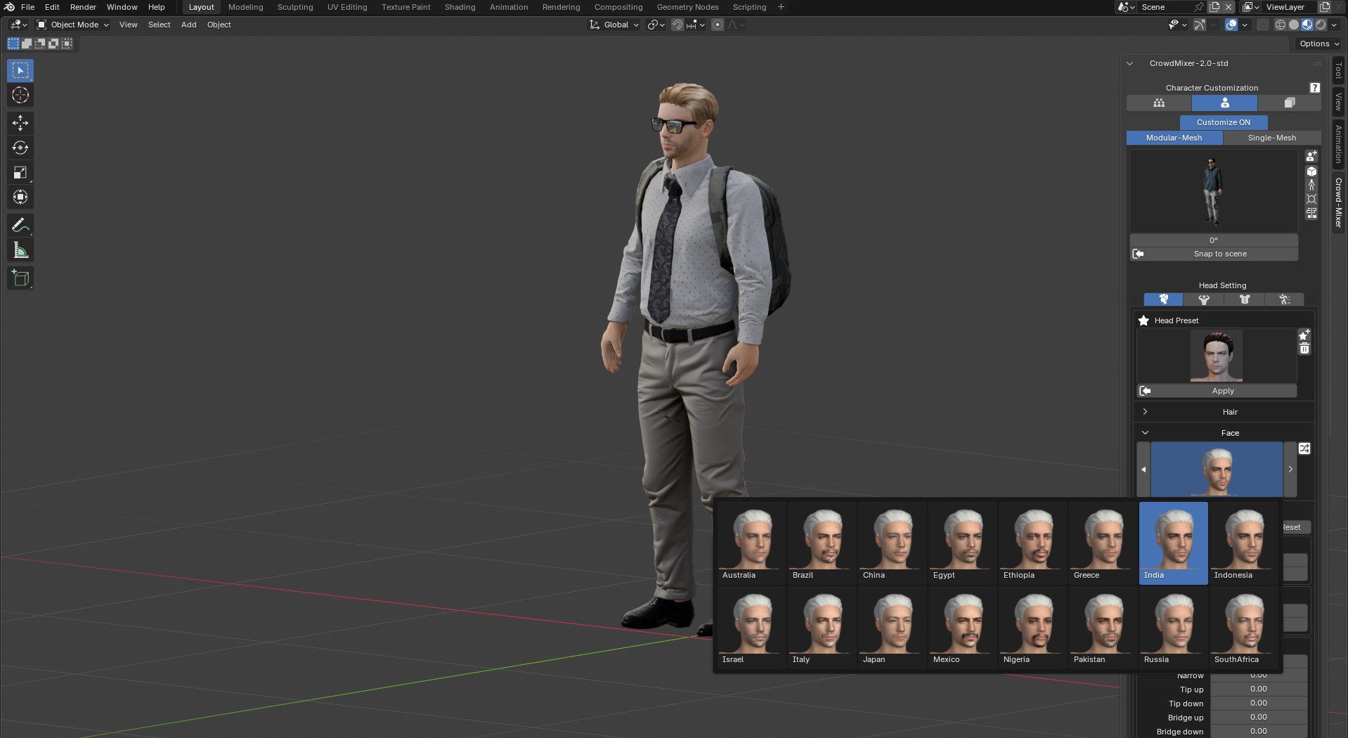 A customized character in the 3D Viewport with the Face preset picker open