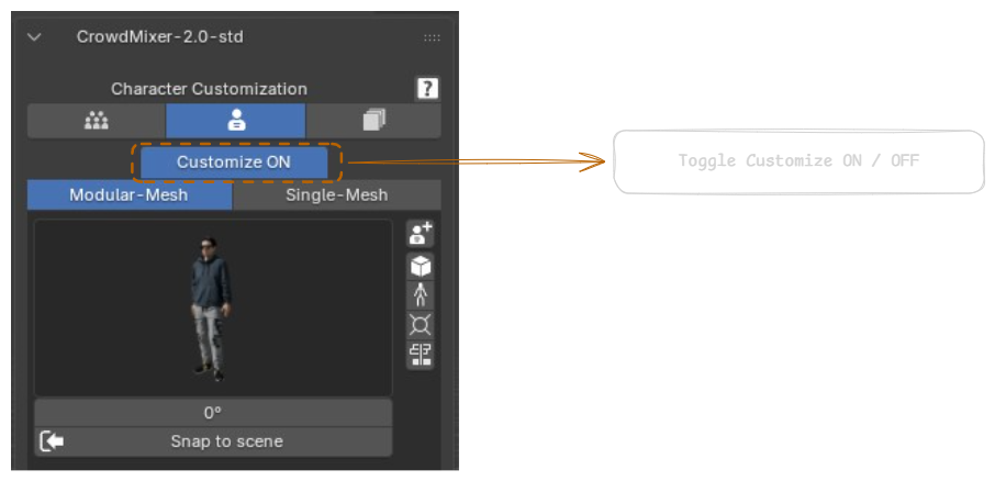 Character Customization panel with the Customize ON button highlighted