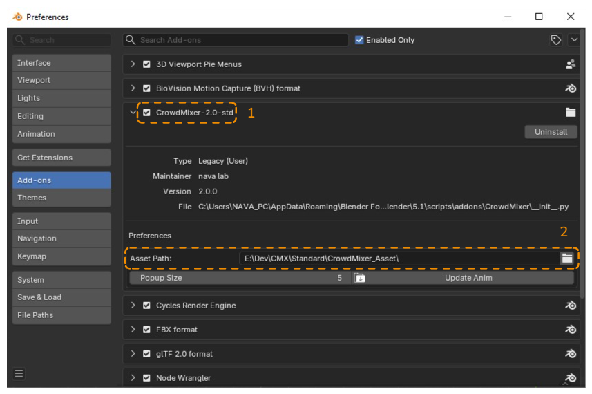 Blender Preferences with the Crowd Mixer add-on enabled (1) and the Asset Path field (2)