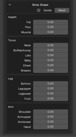 Body Shape sliders grouped by Health, Torso, Leg, Arm