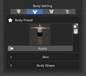 Body Setting panel with Body Preset, Skin and Body Shape groups
