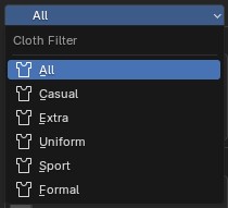 Cloth Filter dropdown: All, Casual, Extra, Uniform, Sport, Formal
