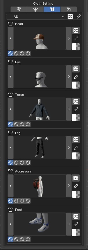 Cloth Setting panel with Head, Eye, Torso, Leg, Accessory and Foot rows