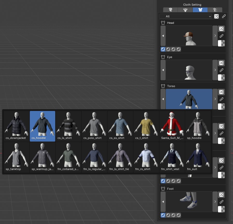 Torso item picker grid open over the 3D Viewport