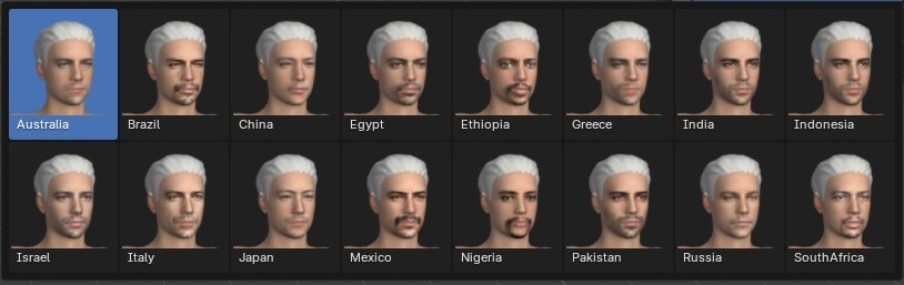Gallery of regional face presets: Australia, Brazil, China, Egypt...