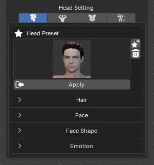 Head Setting panel with Head Preset, Hair, Face, Face Shape and Emotion groups