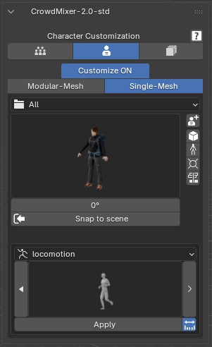 Single-Mesh panel with character filter, preview, Snap to scene and animation Apply