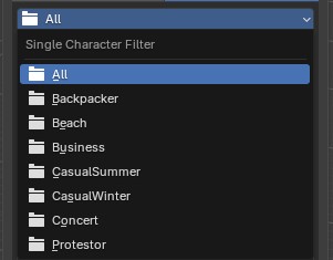 Single Character Filter dropdown listing seven themes