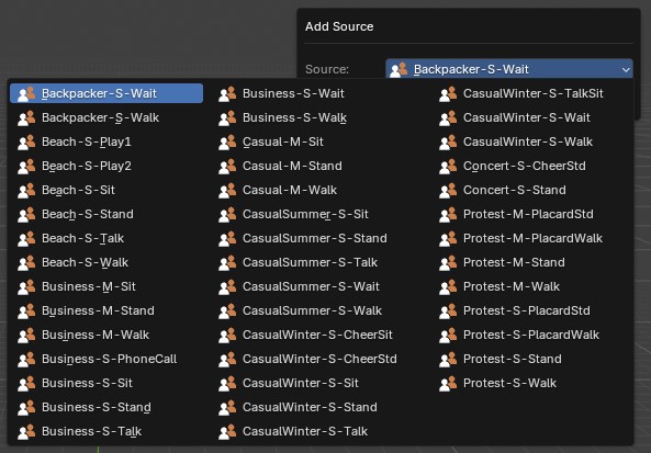 Full list of available character sources grouped by theme