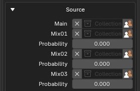 Crowd Setting Source category showing Main, Mix01, Mix02, Mix03 with Probability fields
