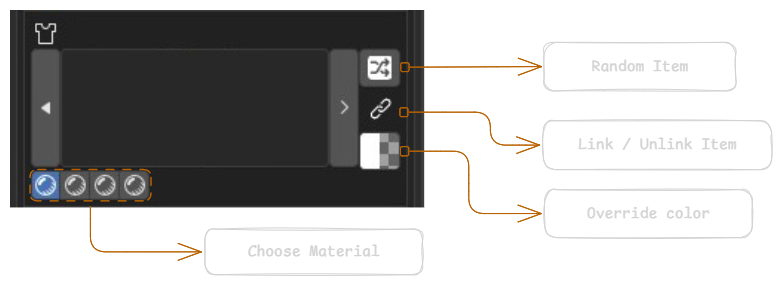 Item row labeled: Random Item, Link/Unlink Item, Override color, Choose Material